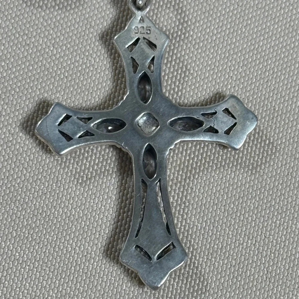Sterling Silver Cross Necklace Marcasite Clear Crystal 18 in Italian Chain *FLAW